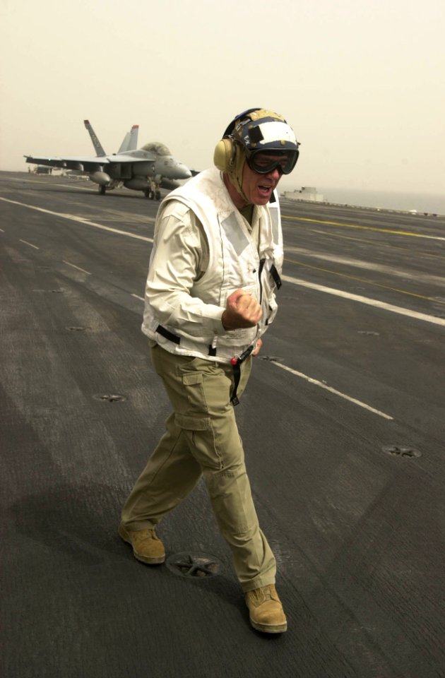 US Navy 030527-N-2385R-001 R. Lee Ermey, host of the popular History Channel program Mail Call, observes flight operations aboard USS Nimitz
