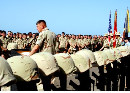 US Navy 030526-N-4048T-063 Brig. Gen. Richard F. Natonski, Commanding General 2D Marine Expeditionary Brigade addresses more than 1,000 Sailors and Marines during a Memorial Day Service conducted on the ship's flight deck