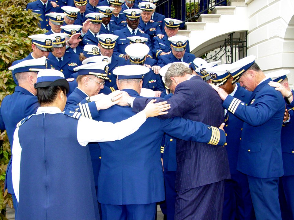 US Navy 030509-N-0921B-002 Fifty-two Navy Chaplains serving in the U.S. Coast Guard lifted the spirit of President George W. Bush during their historic visit with their commander-in-chief on the White House South Lawn
