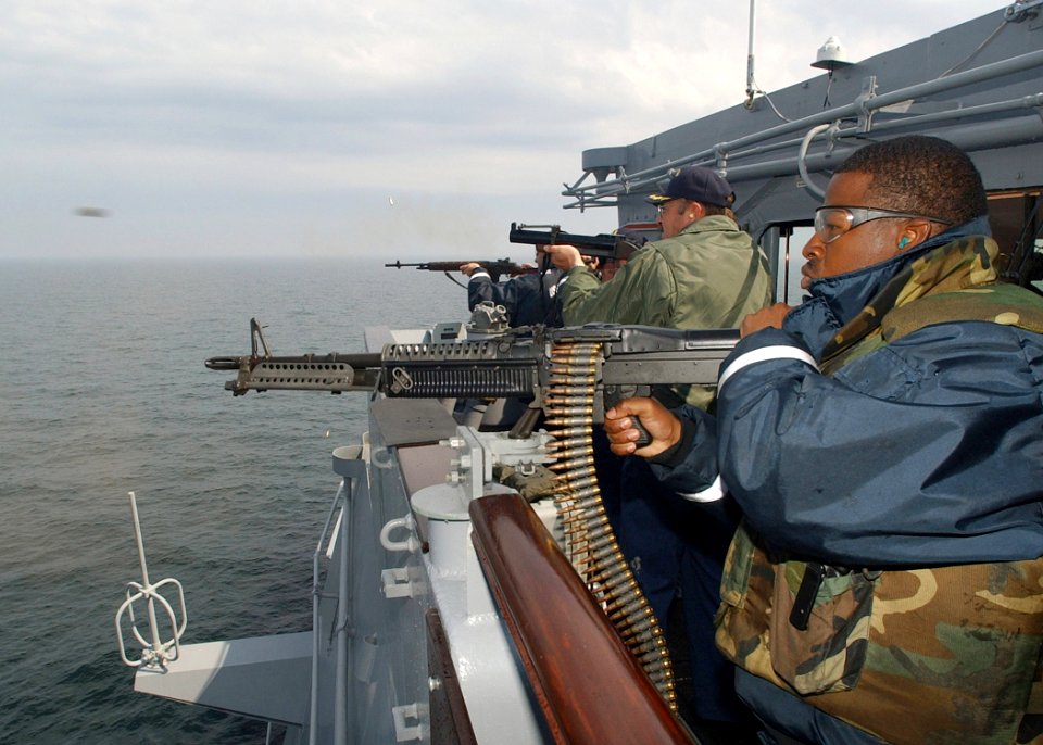 US Navy 030611-N-4374S-003 Crewmembers assigned to the Aegis-class cruiser USS Vella Gulf (CG 72) conduct a small arms fire exercise during the annual maritime exercise Baltic Operations 2003 (BALTOPS 2003)