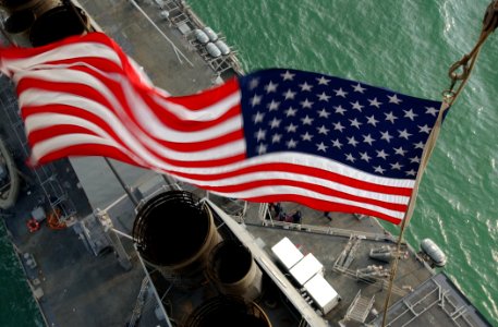 US Navy 030426-N-6141B-011 Stars ^ Stripes flying boldly as seen from the crow's nest aboard the guided missile destroyer USS Donald Cook (DDG 75) as it transits the Suez Canal
