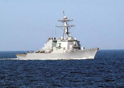 US Navy 030614-N-4374S-001 The Arleigh Burke-class, guided missile destroyer USS Ross (DDG 71) steams through the Baltic Sea during the annual maritime exercise Baltic Operations 2003 (BALTOPS)