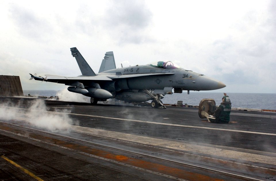 US Navy 030528-N-6141B-010 An F-A-18 Hornet Strike Fighter assigned to the Valions of Strike Fighter Squadron Fifteen (VFA-15) prepares for launch
