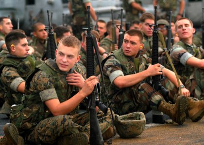 US Navy 030615-N-2819P-010 Pfc. Conrad D. Carson from Dalton, Georgia assigned to 3rd Battalion 2nd Marine Regiment (3-2) awaits his turn to participate in a small arms shoot on the flight deck aboard the amphibious assault shi