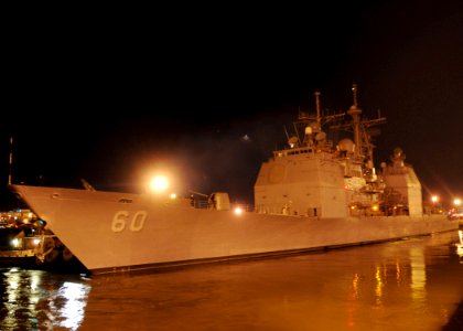 US Navy 100113-N-9900B-026 The guided-missile cruiser USS Normandy (CG 60) prepares to get underway for possible disaster response to Haiti