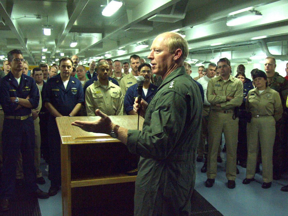 US Navy 030501-N-9236M-003 Vice Adm. Robert Willard, Commander, U.S. 7th Fleet, addresses the officers and chiefs of the aircraft carrier USS Carl Vinson (CVN 70)