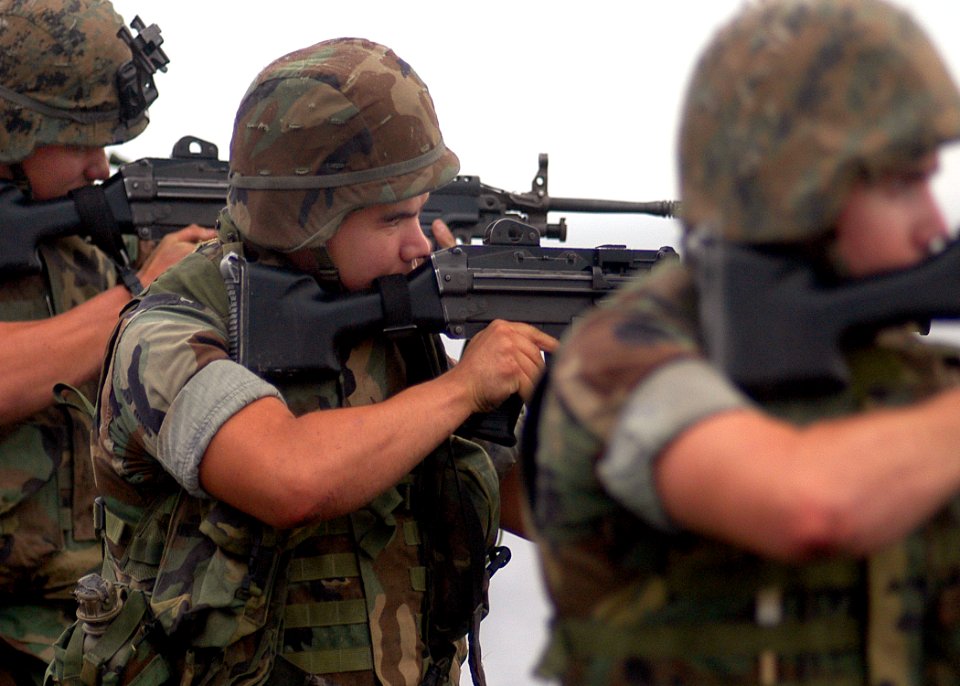 US Navy 030615-N-2819P-005 Cpl. Edward L. Muenzler from Waco, Texas assigned to 3rd Battalion 2nd Marine Regiment (3-2) participates in a small arms shoot on the flight deck aboard the amphibious assault ship USS Kearsarge (LHD