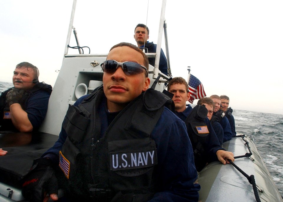 US Navy 030609-N-4374S-021 Members of the Vessel Boarding Search and Seizure (VBSS) team from the aegis cruiser USS Vella Gulf (CG 72)
