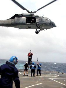 US Navy 030624-D-0000X-003 A Crewmember from the Egyptian cargo ship MV Green Glory is lowered to the flight deck of the British Royal Navy's landing ship logistic RFA Sir Tristram (L 3505), after being rescued by a U.S. Navy MH-60S Nighthawk