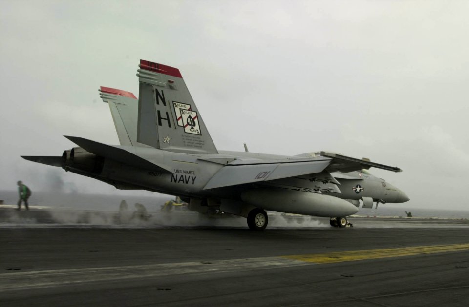 US Navy 030825-N-2385R-002 Vice Admiral Timothy J. Keating, Commander, U.S. Naval Forces Fifth Fleet, launches from the flight deck of USS Nimitz (CVN 68) in an F-A-18F Super Hornet