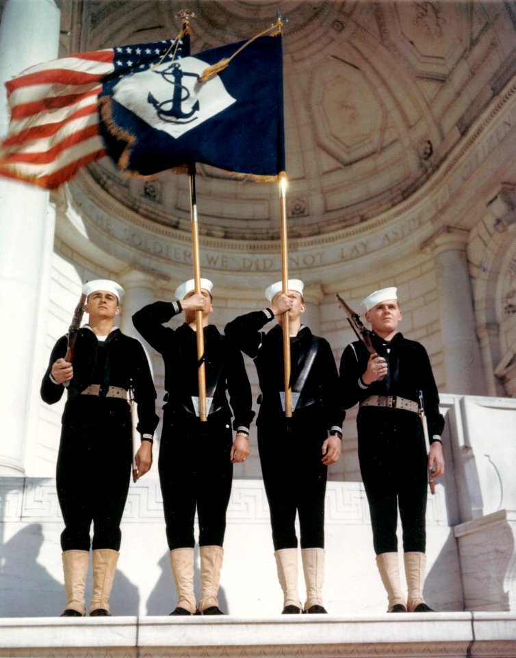 US Navy 030811-N-0000X-001 A Navy color guard on parade at the Arlington National Cemetery Amphitheater, Va., during World War II