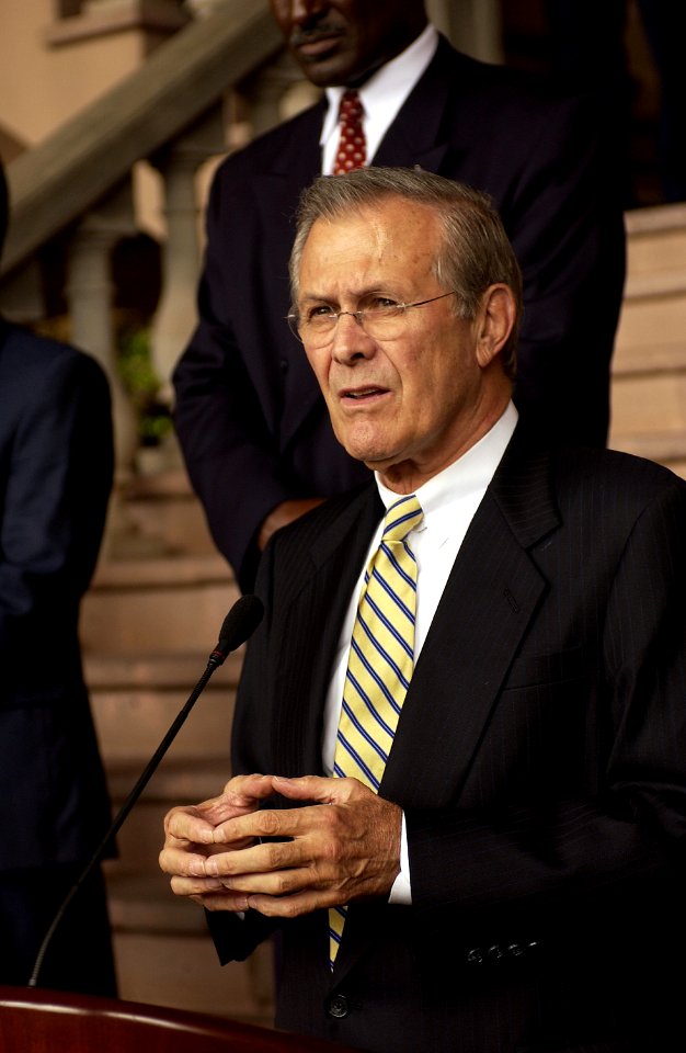 US Navy 030820-F-2828D-186 Secretary of Defense Donald H. Rumsfeld answers a question from the media during a joint press conference with Honduran President Ricardo Maduro