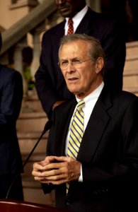 US Navy 030820-F-2828D-186 Secretary of Defense Donald H. Rumsfeld answers a question from the media during a joint press conference with Honduran President Ricardo Maduro