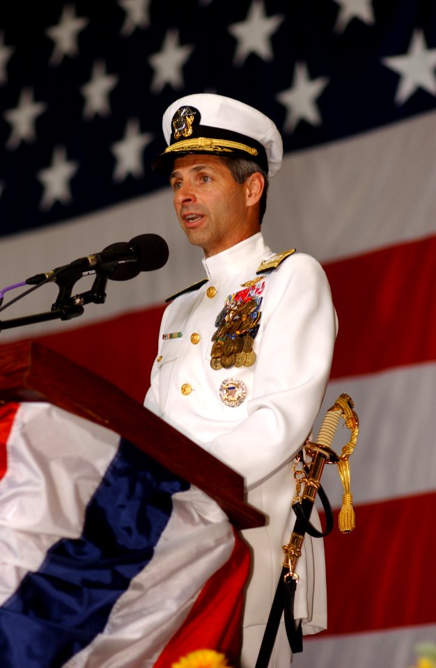 US Navy 030828-N-0696M-003 Guest speaker, Rear Admiral James M. Zortman, Commander, Naval Air Force U.S. Atlantic Fleet, delivers his address during USS Ronald Reagan (CVN 76) change of command