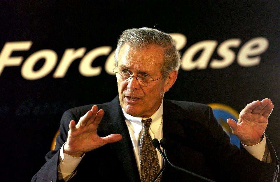 US Navy 030825-F-2828D-352 Secretary of Defense Donald H. Rumsfeld responds to a reporter's question during a press conference at Lackland Air Force Base, San Antonio