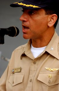 US Navy 030708-N-0696M-055 Capt. Herm Shelanski, Executive Officer of Pre-commissioning Unit (PCU) Ronald Reagan (CVN 76), rehearses his part as master of ceremonies for the ship's commissioning ceremony, scheduled for Ju