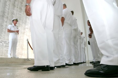 US Navy 030911-N-3228G-002 Capt. Philip H. Greene, Jr. conducts a 9-11 memorial service in the shrine room aboard the USS Arizona Memorial with the chief petty officer (CPO) selectees that are under his command