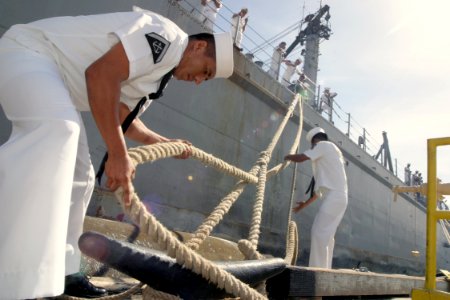 US Navy 030723-N-3228G-005 Sailors assigned to the Mexican Navy ship Usumacinta (A-412), formerly USS Frederick (LST-1184), finish securing their mooring lines shortly after Usumacinta arrived in Pearl Harbor for a 10-day port