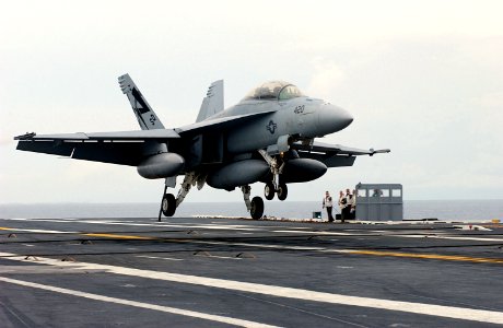 US Navy 030725-N-0696M-048 An F-A-18F Super Hornet makes an arrested landing on the flight deck aboard USS Ronald Reagan (CVN 76)