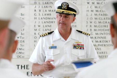 US Navy 030911-N-3228G-001 Capt. Philip H. Greene, Jr. conducts a 9-11 memorial service in the shrine room aboard the USS Arizona Memorial with the chief petty officer (CPO) selectees that are under his command
