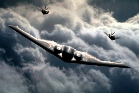 US Navy 030807-F-0000X-001 A U.S. Air Force B-2 Spirit and two B-117A Nighthawks fly in formation