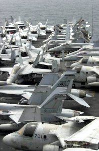 US Navy 030905-N-9319H-007 On the flight deck of USS Nimitz (CVN 68) Carrier Air Wing Eleven (CVW-11) aircraft are strategically parked during a scheduled no fly day