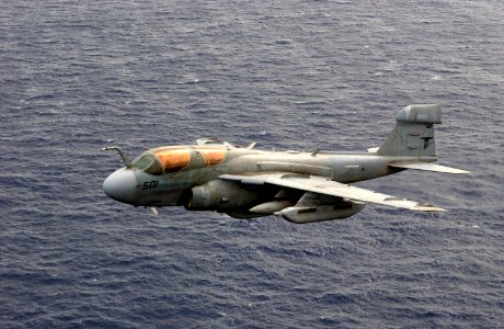 US Navy 031026-N-6536T-009 An EA-6B Prowler assigned to the Black Ravens of Electronic Attack Squadron One Thirty Five (VAQ-135) flies over the Western Pacific Ocean