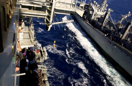 US Navy 031031-N-6536T-002 Rear Adm. Samuel Jones Locklear, Commander, Cruiser Destroyer Group Five (CCDG-5) undergoes a high-line transfer to USS Bridge (AOE 10) during the ship's Tiger Cruise