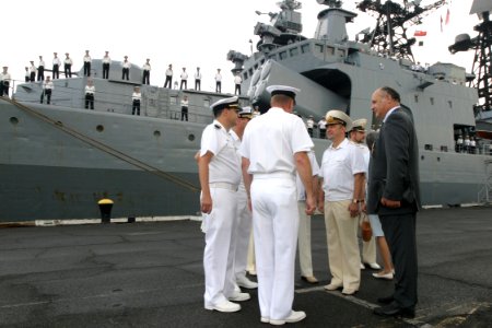 US Navy 031024-N-3228G-008 Members of the official greeting party and interpreters prepare for a press conference in front of Federation Navy Udaloy Class destroyer Marshal Shaposhnikov (DDG 543)