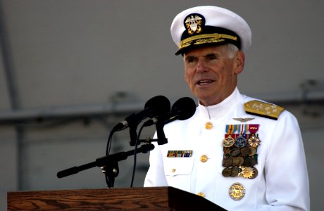 US Navy 031003-N-5319A-010 Adm. William J. Fallon, the newly appointed Commander, of U.S. Atlantic Fleet, speaks during the Change of Command ceremony