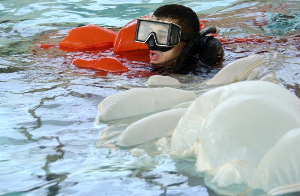 US Navy 031113-N-5862D-059 A student at the Aviation Rescue Swimmer School undergoes a parachute disentanglement exercise