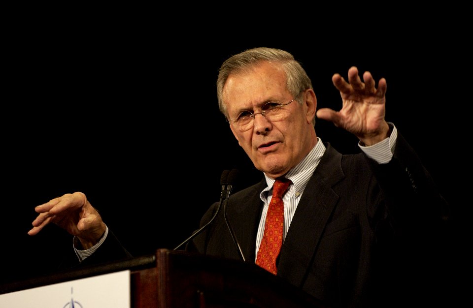 US Navy 031008-F-2828D-057 Secretary of Defense, The Honorable Donald H. Rumsfeld, answers questions from members of the media during a joint news conference with NATO Secretary-General George Robertson at a session of the info