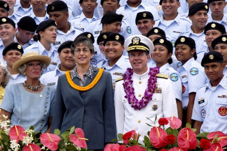 US Navy 031111-N-5640H-069 Adm. Thomas B. Fargo and Hawaii Governor Linda Lingle gather for a group photo at the 2003 Governor's Veteran's Day Ceremony