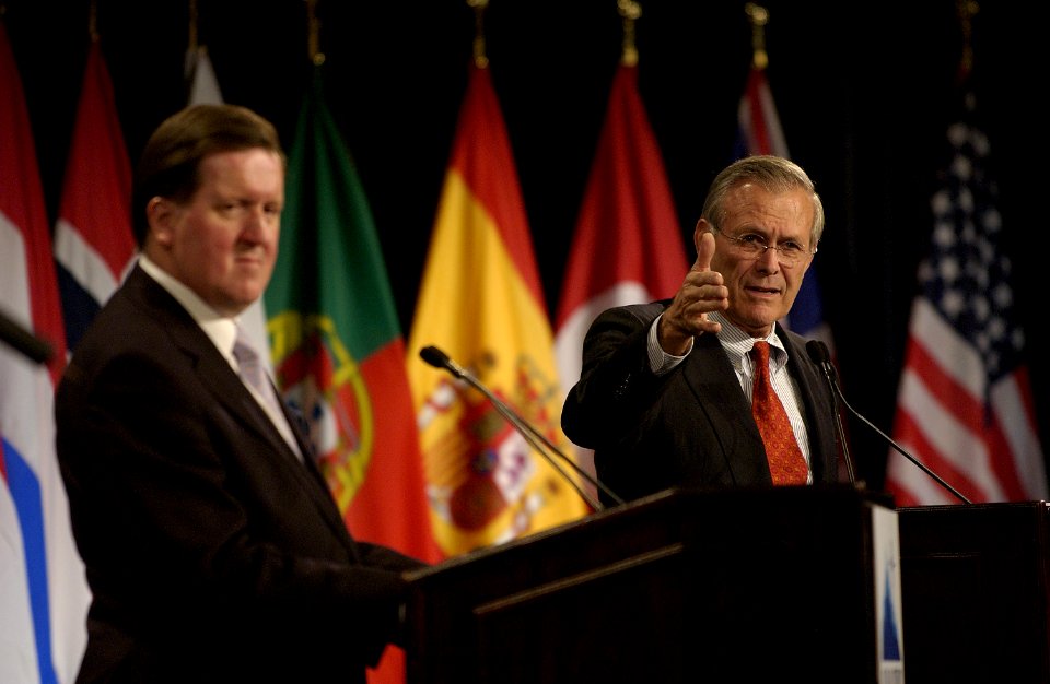 US Navy 031008-F-2828D-066 Secretary of Defense, The Honorable Donald H. Rumsfeld, answers questions from members of the media during a joint news conference with NATO Secretary-General George Robertson at a session of the info