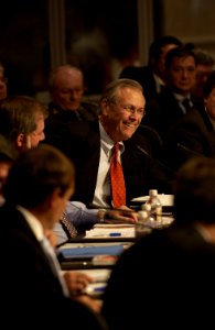 US Navy 031008-F-2828D-167 Secretary of Defense, The Honorable Donald H. Rumsfeld, is seen at the beginning of a round table discussion of NATO defense ministers' two-day conference in Colorado Springs, Co