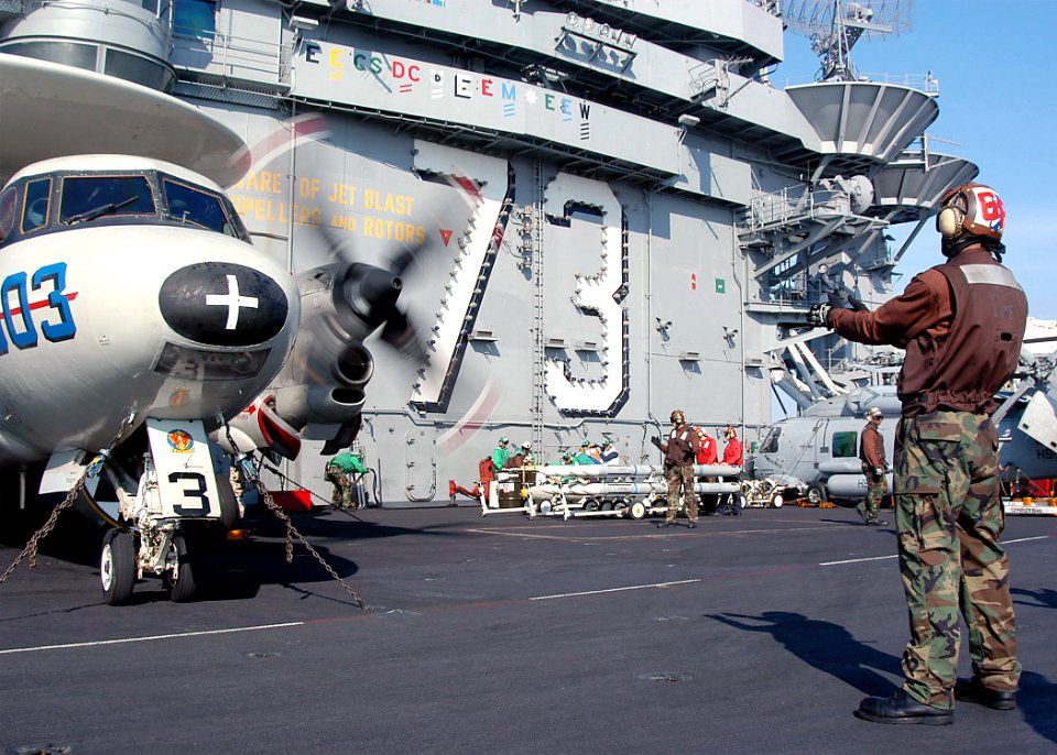 US Navy 031118-N-6278K-001 Aviation Structural Mechanic Airman Allen Ramsey performs start up checks