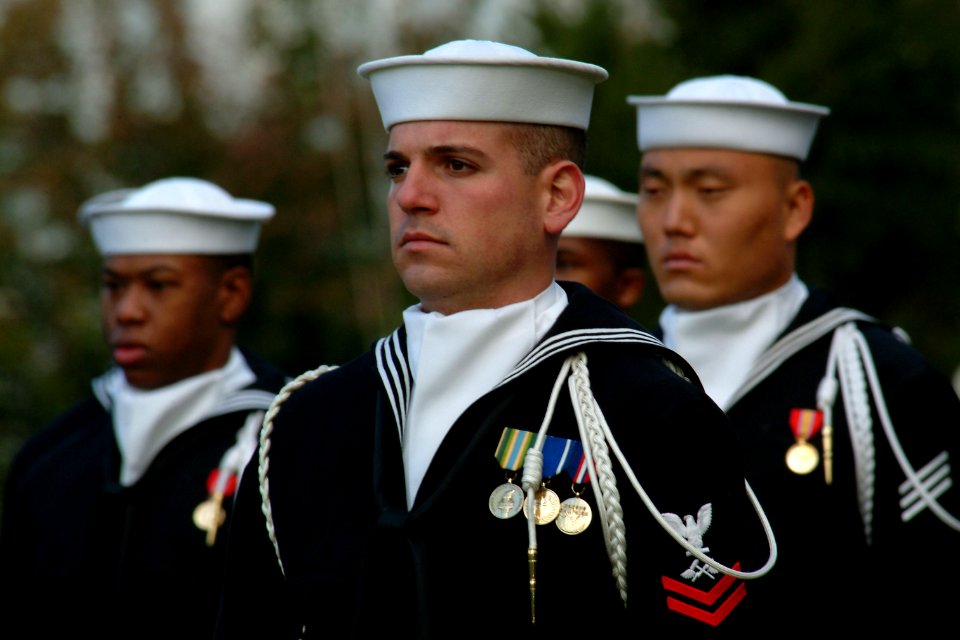 US Navy 031023-N-2383B-009 Sailors assigned to the U.S. Navy's Ceremonial Guard stand at attention during a full honors ceremony in honor of Adm. Marcello De Donno, Chief of Staff of the Italian Navy