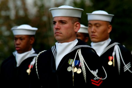 US Navy 031023-N-2383B-009 Sailors assigned to the U.S. Navy's Ceremonial Guard stand at attention during a full honors ceremony in honor of Adm. Marcello De Donno, Chief of Staff of the Italian Navy