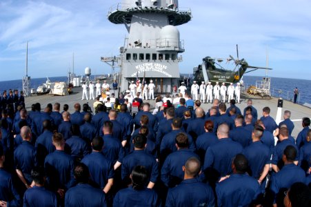 US Navy 031112-N-8955H-030 USS Blue Ridge and Commander, 7th Fleet, Sailors stand at parade rest during a Veterans Day ceremony held aboard the 7th Fleet command ship