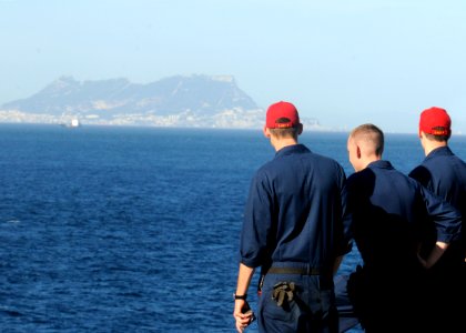 US Navy 100908-N-3154P-001 Sailors aboard USS Kearsarge (LHD 3) observe the rock of Gibraltar as the ship transits the Strait of Gibraltar