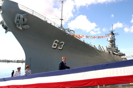 US Navy 031023-N-3228G-003 President George W. Bush and First Lady Laura Bush arrive with Commander U. S. Pacific Command, Adm. Thomas B. Fargo, aboard the retired battleship Missouri (BB 63)