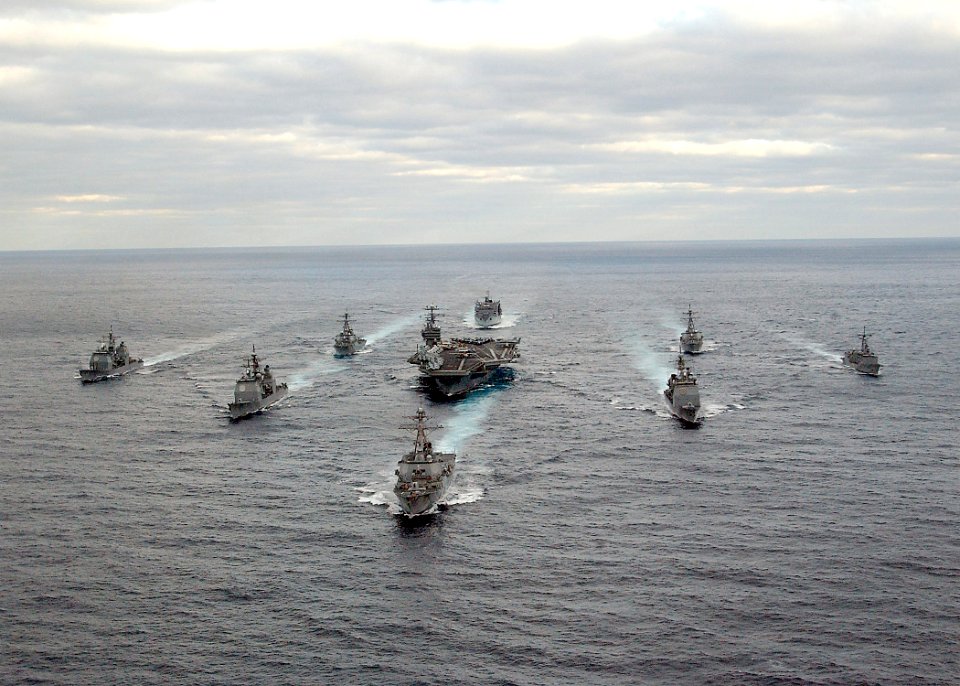 US Navy 031130-N-3653A-002 USS George Washington (CVN 73) Carrier Strike Group formation sails in the Atlantic Ocean