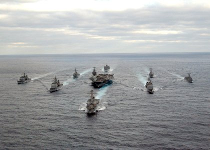 US Navy 031130-N-3653A-002 USS George Washington (CVN 73) Carrier Strike Group formation sails in the Atlantic Ocean