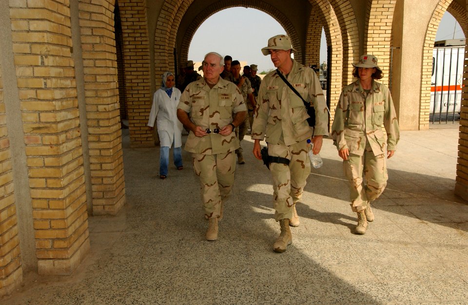 US Navy 031018-N-3236B-016 Rear Adm. Robert T. Conway, Jr., Commander, Expeditionary Strike Group One (ESG-1) tours the medical and dental clinics in Al Faw, Iraq where his Sailors and Marines are providing humanitarian support