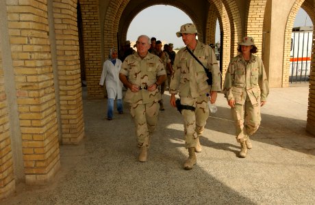 US Navy 031018-N-3236B-016 Rear Adm. Robert T. Conway, Jr., Commander, Expeditionary Strike Group One (ESG-1) tours the medical and dental clinics in Al Faw, Iraq where his Sailors and Marines are providing humanitarian support