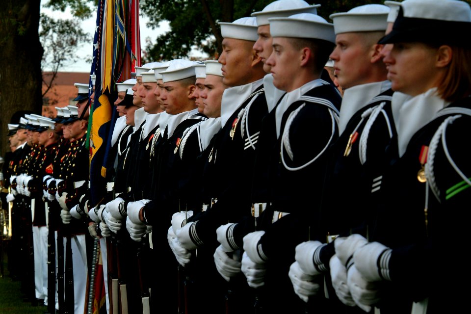 US Navy 031023-N-2383B-012 Sailors and Marines assigned to the U.S. Navy's Ceremonial Guard stand at attention during a full honors ceremony in honor of Adm. Marcello De Donno, Chief of Staff of the Italian Navy