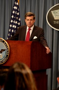 US Navy 030926-D-2987S-011 Administrator of the Coalition Provisional Authority in Iraq, Ambassador Paul Bremer listens to a reporter's question during a Pentagon briefing