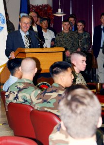US Navy 031116-N-9712X-006 Donald H. Rumsfeld, answers questions from Marine, Air Force, Army, and Navy personnel