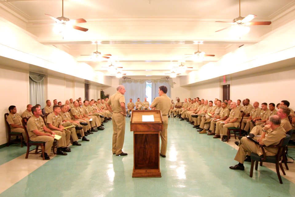 US Navy 031118-N-3228G-006 Chief of Naval Operations (CNO) Adm. Vern Clark and Master Chief Petty Officer of the Navy (MCPON) Terry Scott hold a command master chief's call aboard Naval Station Pearl Harbor