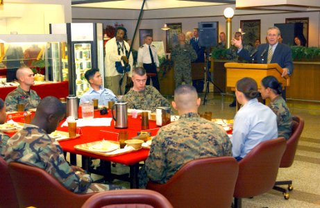 US Navy 031116-N-9712X-003 Donald H. Rumsfeld, answers questions from Marine, Air Force, Army, and Navy personnel